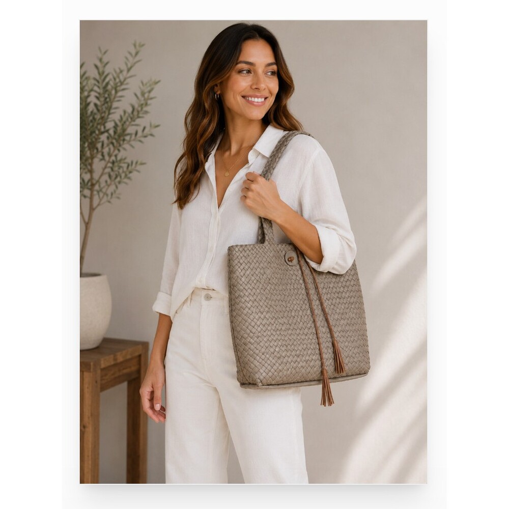 Ilse Jacobsen Hornbaek Reversible Woven Leather Tote Bag Gray Shoulder Purse - Picture 1 of 5